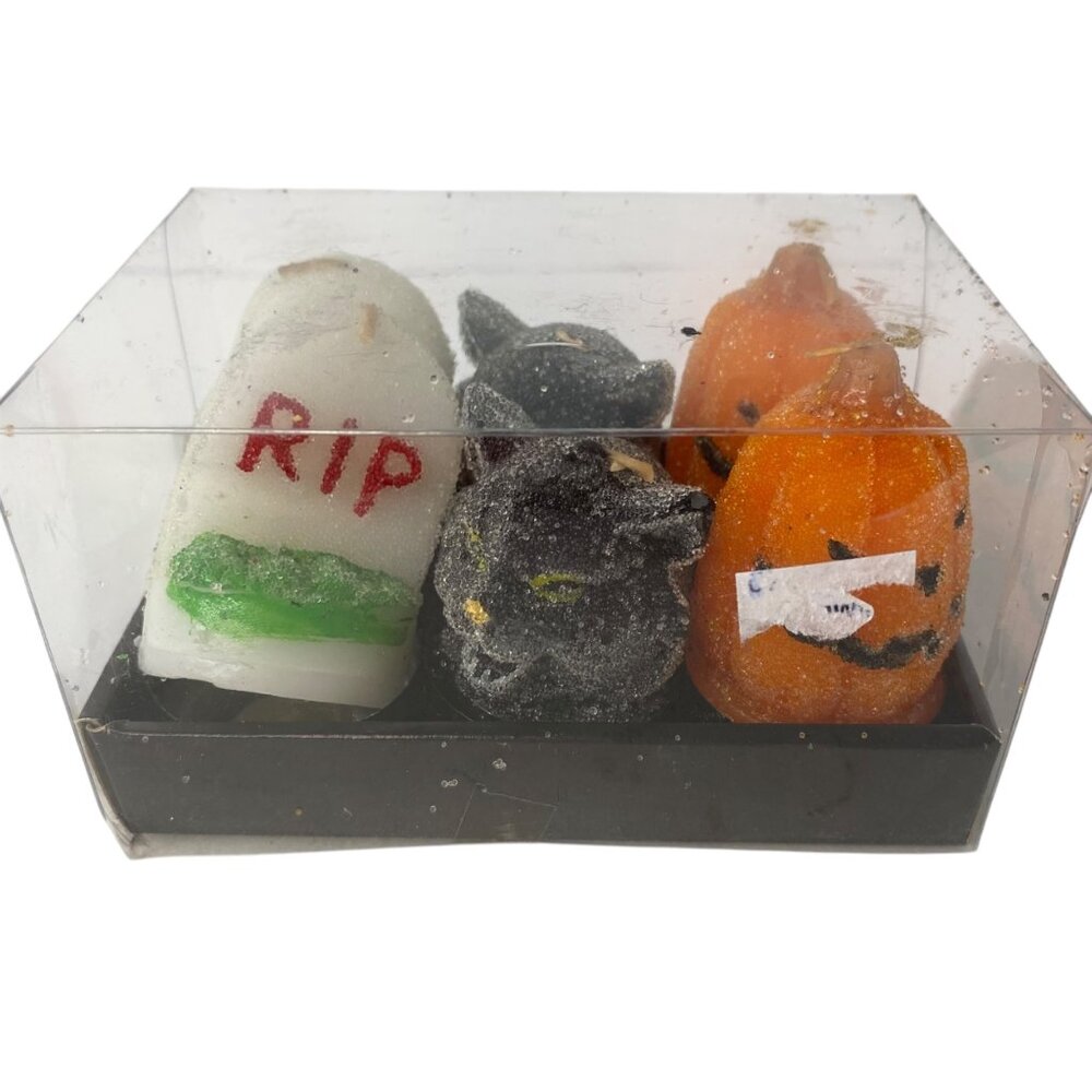 Halloween-Themed‎ Glitter Mini Candles Set Tombstone Black Cat & Pumpkin Sparkle